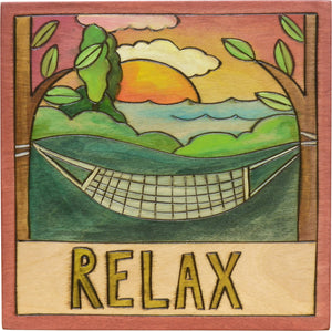 Sticks handmade wall plaque with "Relax" quote, hammock and park with water imagery