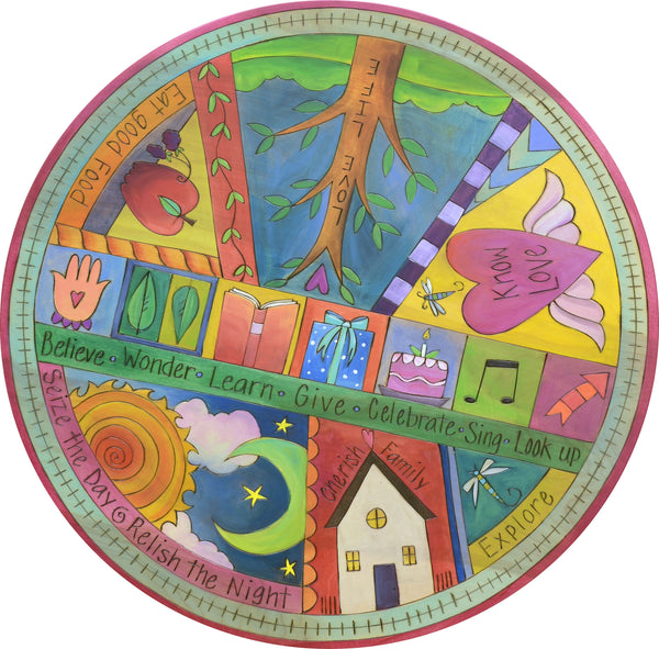 Sticks Handmade 24"D lazy susan with crazy quilt design and colorful life icons