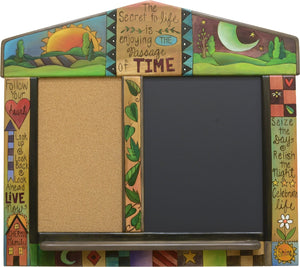 Small Activity Board –  Fun and useful cork and magnetic chalkboard with colorful block icons and sun and moon motif