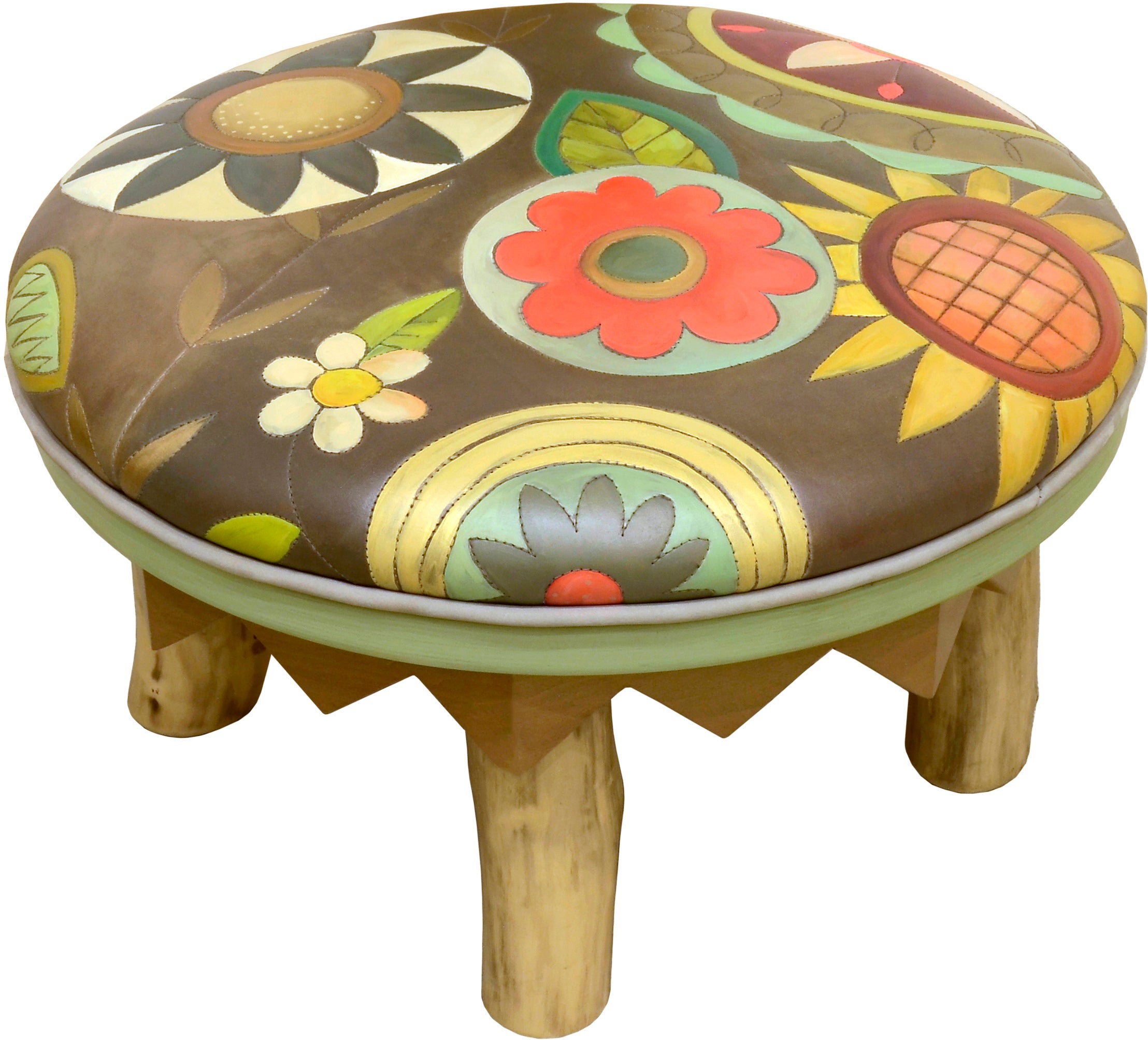 Round Ottoman –  Cute contemporary floral ottoman design with driftwood log legs main view