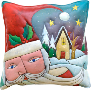 Leather Pillow –  Jolly Santa stopping by the homes of good boys and girls