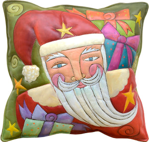 Leather Pillow –  A holiday motif of Santa surrounded by gifts