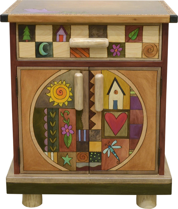 Nightstand Cabinet –  Elegant and neutral nightstand cabinet with color block symbols and a tree of life on each side with respective sun and moon motif 