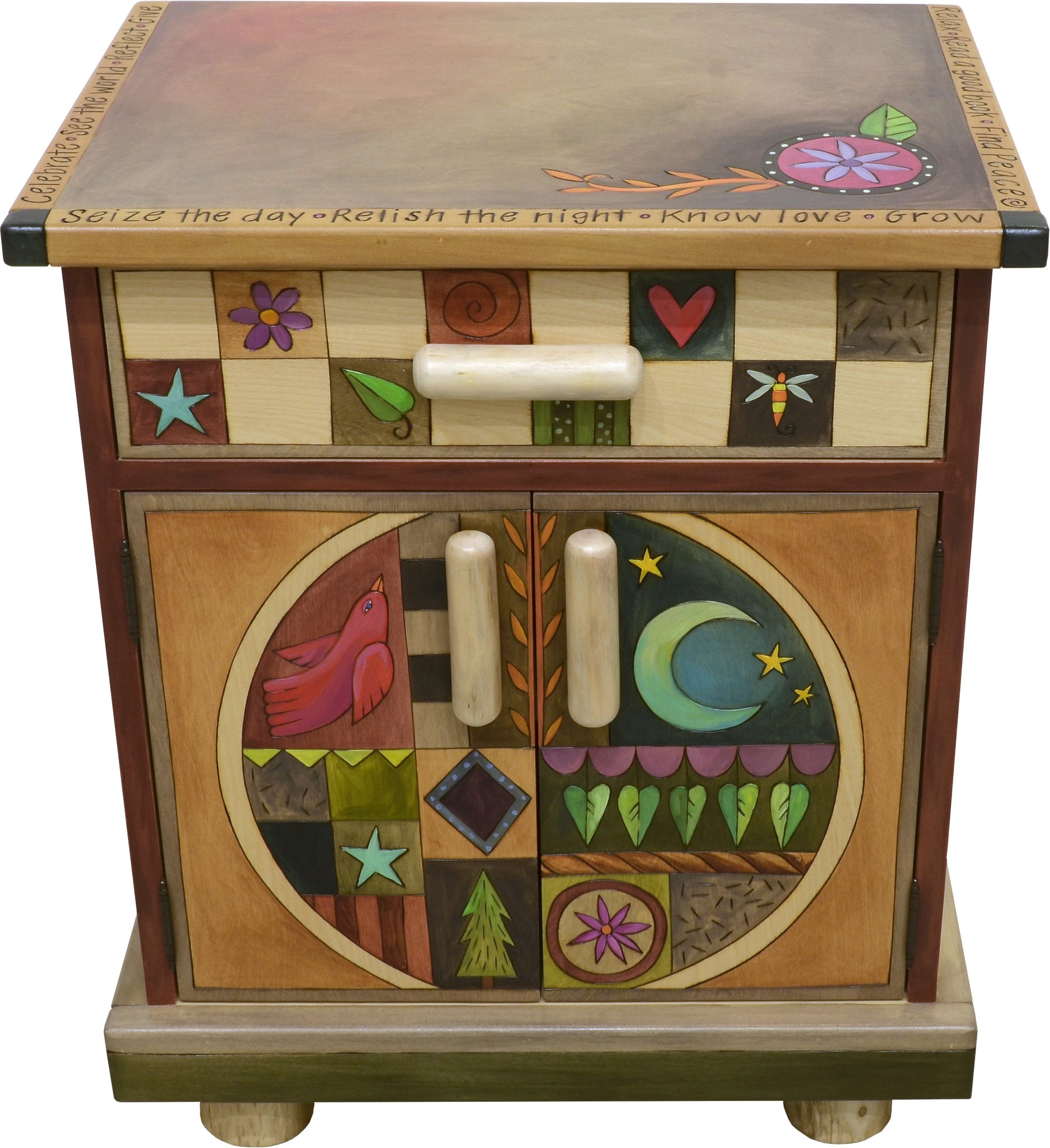 Nightstand Cabinet –  Elegant and neutral nightstand cabinet with color block symbols and a tree of life on each side with respective sun and moon motif 