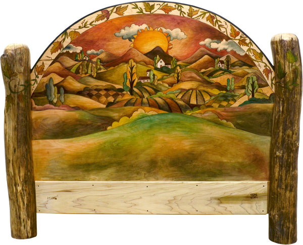 Queen Headboard – Warm Tuscan landscape headboard motif with twisting vine along the top edge