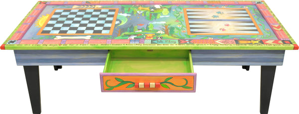 Urban Game Table –  Bright and whimsical dogs and cats game table with three games