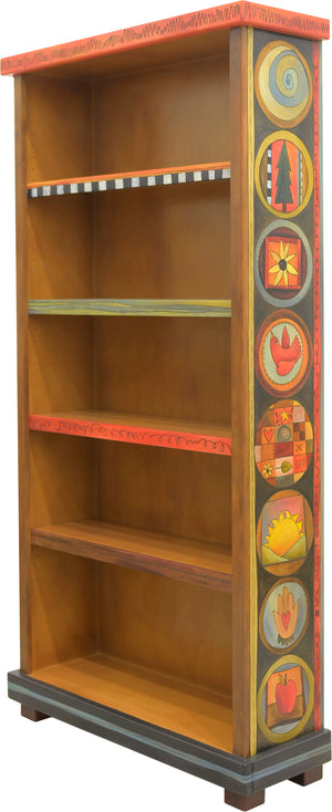Tall Bookcase –  ﻿Fun and whimsical encircled icons and abstract line-work