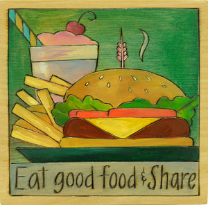 7"x7" Plaque –  "Eat good food & share" burger and fries motif