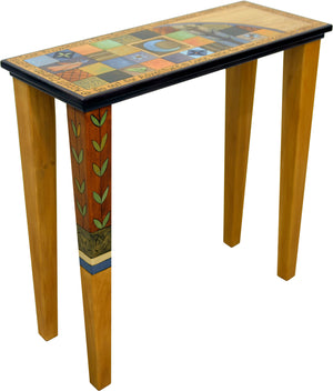 Sticks handmade console table with colorful contemporary grid pattern and vine accent