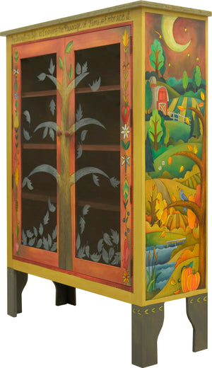Bookcase with Glass Doors –  Four seasons tree of life bookcase design done in a beautiful elegant palette