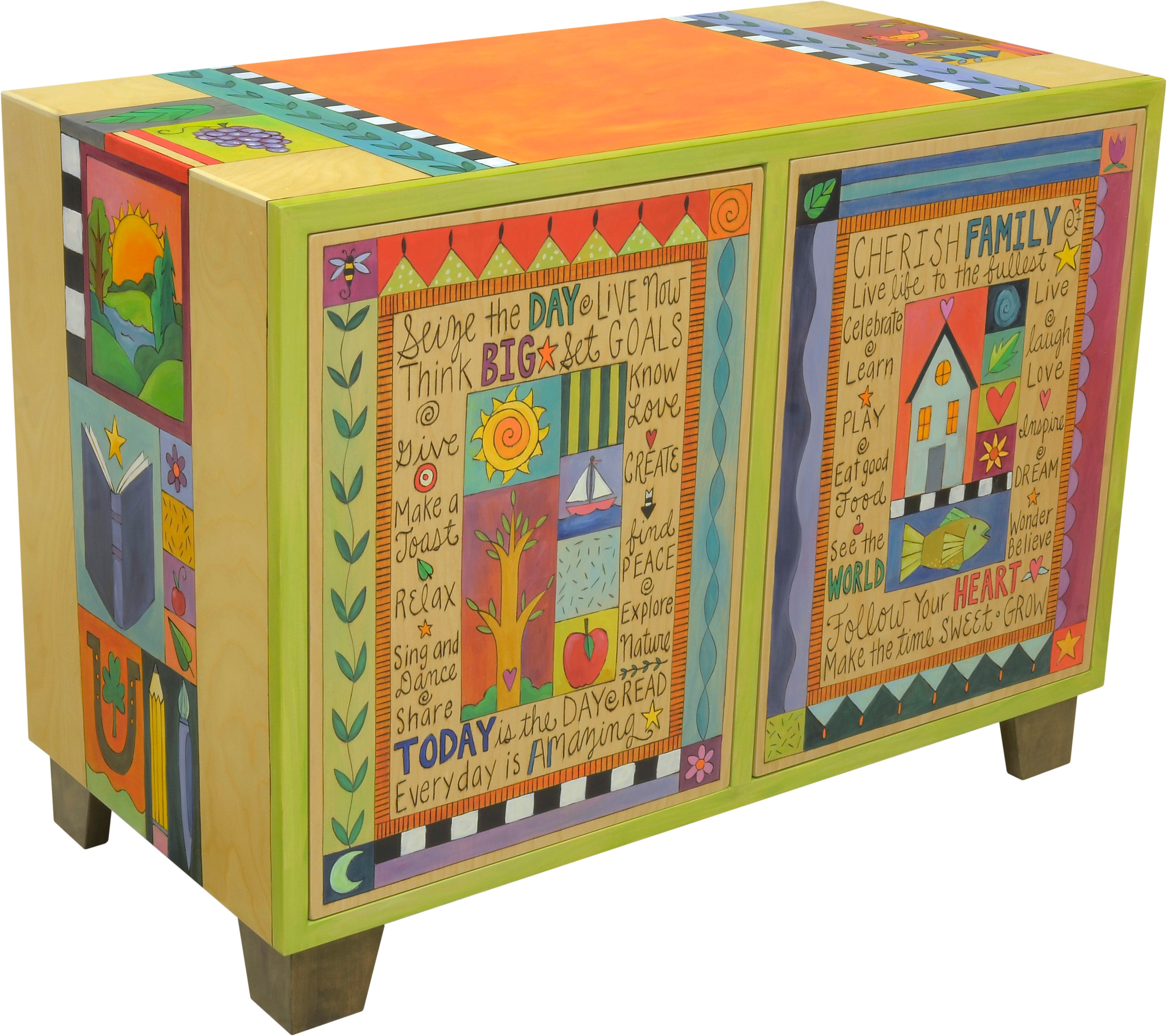 Media Buffet –  Vibrantly colored patchwork design with numerous inspirational words and phrases to brighten your day