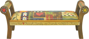 Rolled Arm Bench with Leather Seat –  Beautiful bench with a cozy crazy quilt motif. Front view