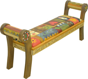 Rolled Arm Bench with Leather Seat –  Beautiful bench with a cozy crazy quilt motif. Side view