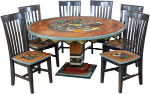 Sticks handmade dining table with colorful folk art imagery and matching chairs