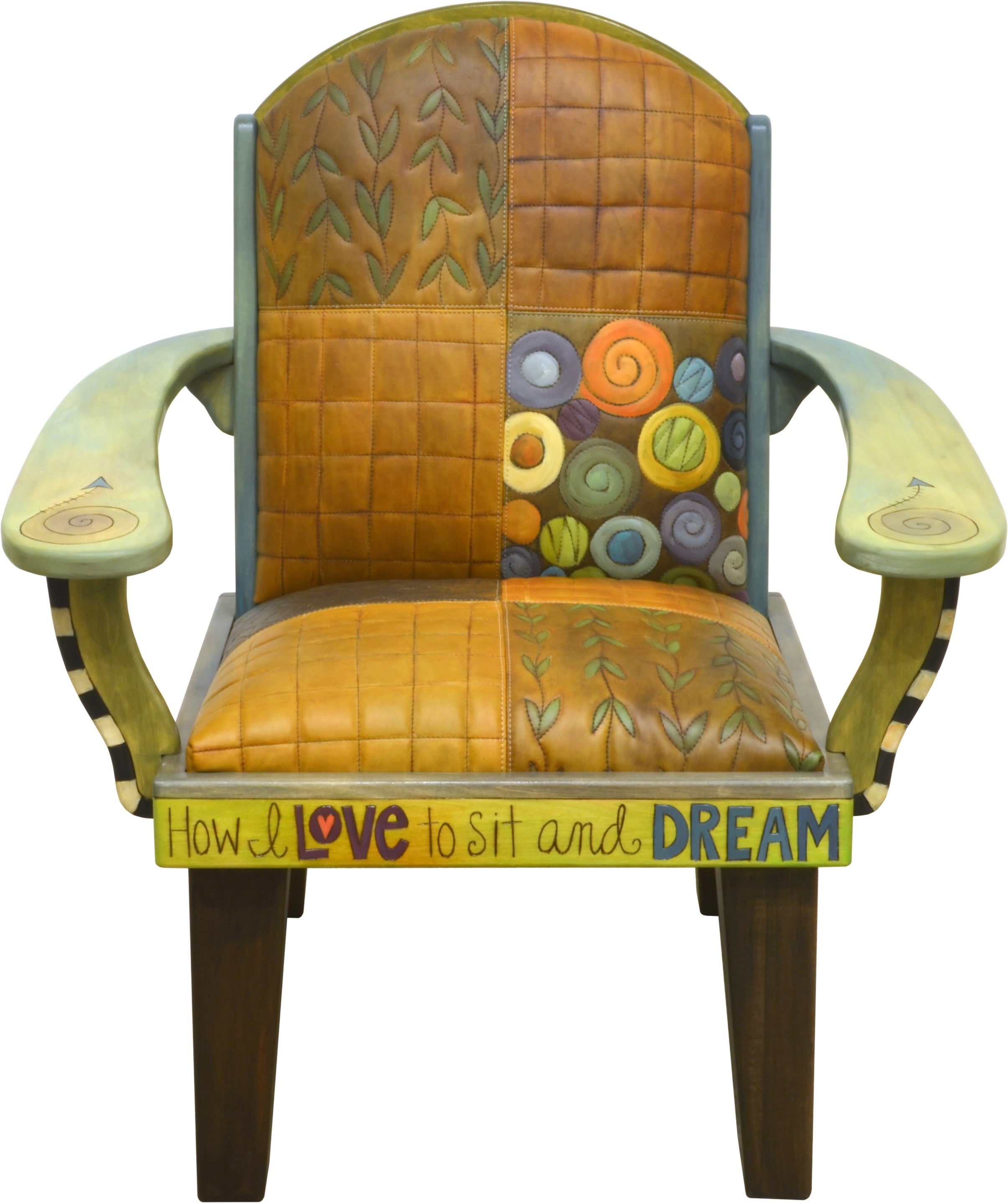 Friedrich's Chair and Matching Ottoman –  Crazy quilt and floating icon motifs mix on this cute and funky chair and ottoman set