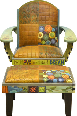 Friedrich's Chair and Matching Ottoman –  Crazy quilt and floating icon motifs mix on this cute and funky chair and ottoman set