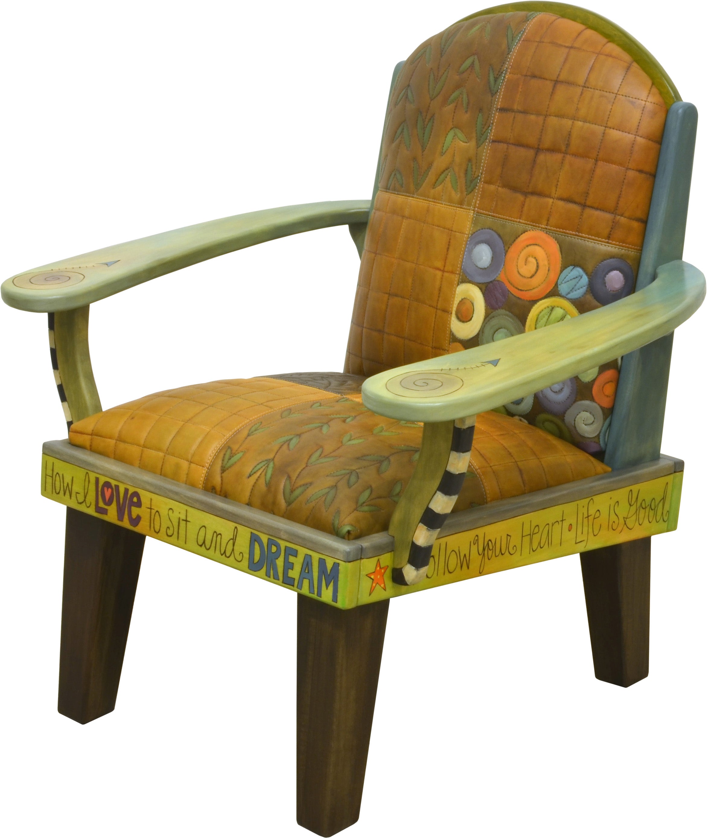 Friedrich's Chair and Matching Ottoman –  Crazy quilt and floating icon motifs mix on this cute and funky chair and ottoman set