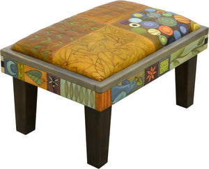 Ottoman –  Elegant hand painted leather ottoman in a crazy quilt motif