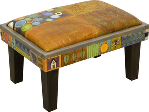 Ottoman –  Elegant hand painted leather ottoman in a crazy quilt motif