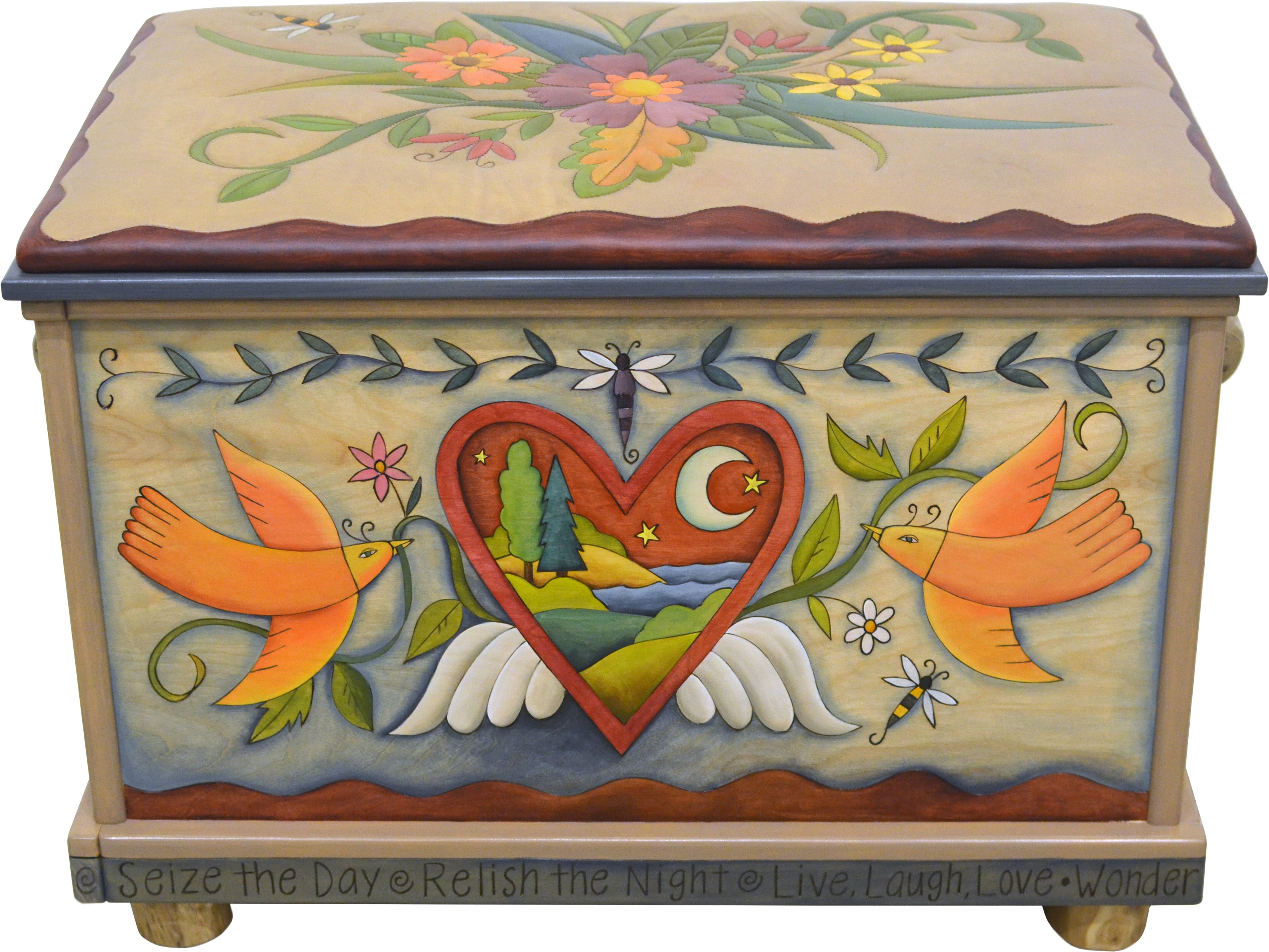 Chest with Leather Top –  Hearts with wings are filled with landscapes and a floral spray motif