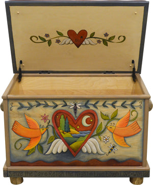 Chest with Leather Top –  Hearts with wings are filled with landscapes and a floral spray motif