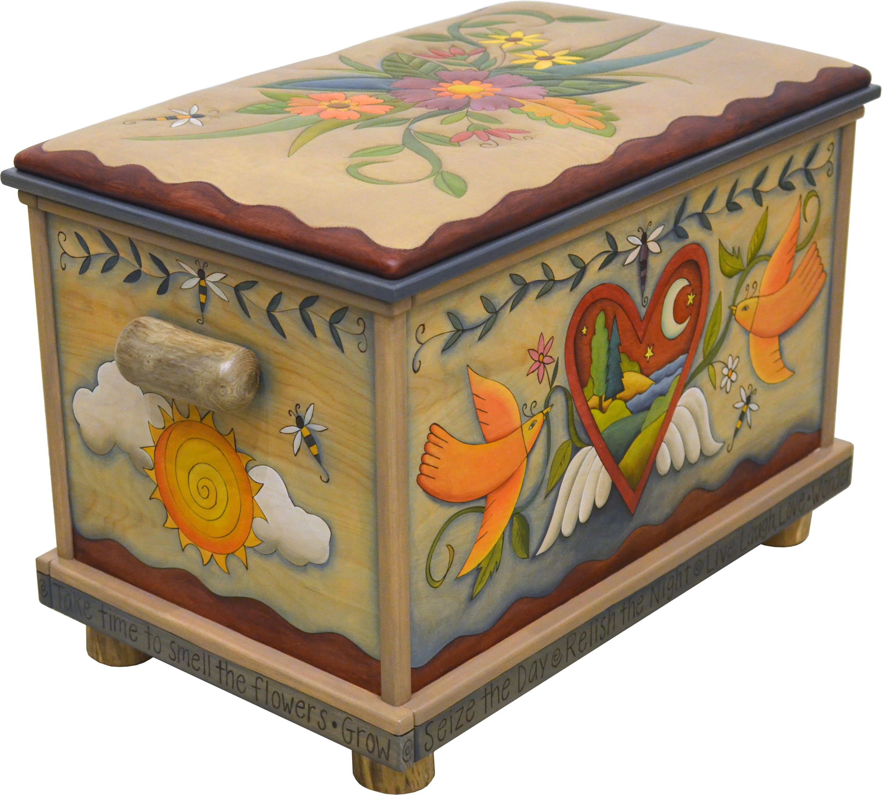 Chest with Leather Top –  Hearts with wings are filled with landscapes and a floral spray motif