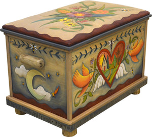 Chest with Leather Top –  Hearts with wings are filled with landscapes and a floral spray motif