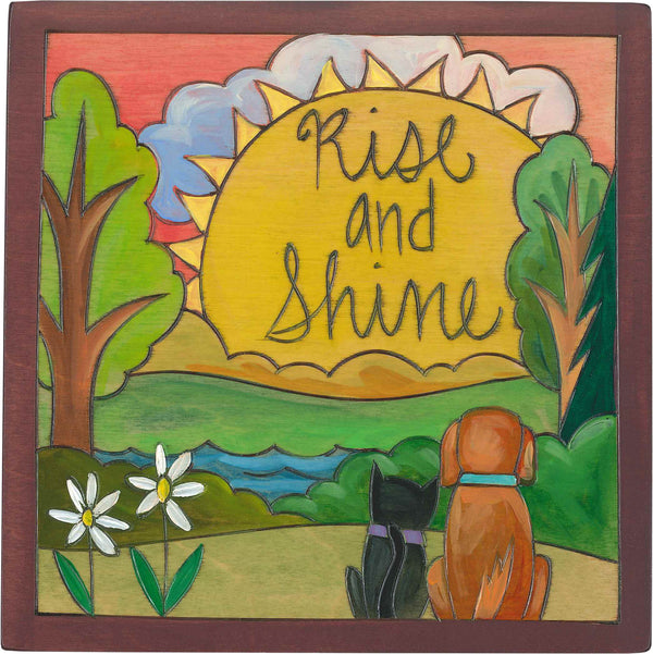 7"x7" Plaque –  "Rise and shine" landscape and happy pets design