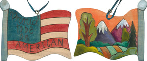 Flag Ornament –  Mountains majesty landscape and "proud to be an American" ornament motif 