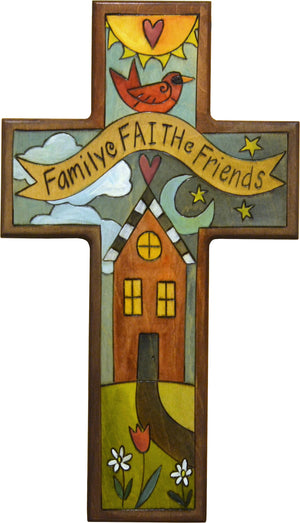 Cross Plaque –  Charming "family, faith, and friends" home motif