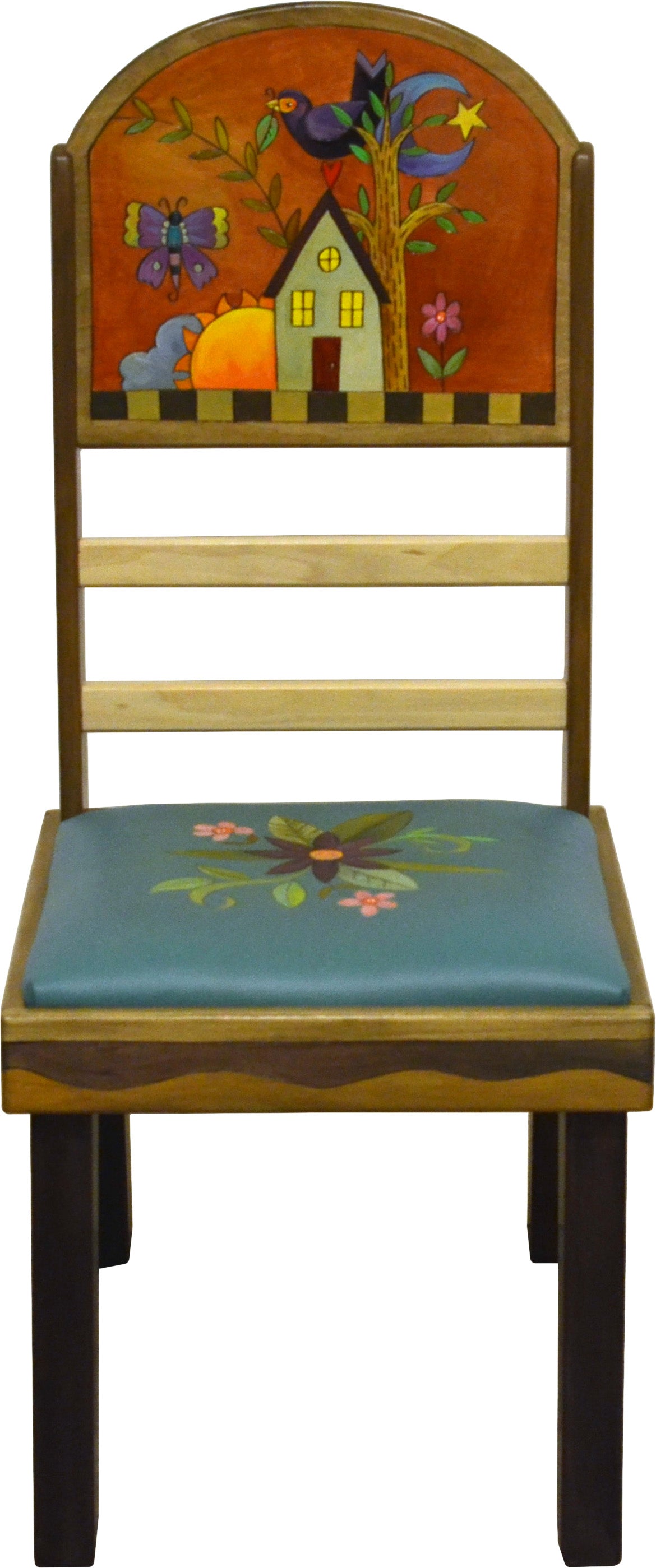 Sticks Side Chair with Leather Seat –  Gorgeous elegant chair with floral spray and a floating icon design on seat back