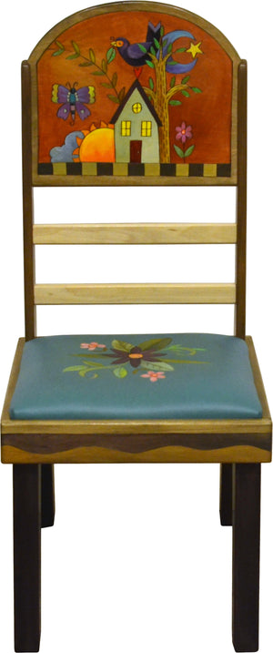 Sticks Side Chair with Leather Seat –  Gorgeous elegant chair with floral spray and a floating icon design on seat back