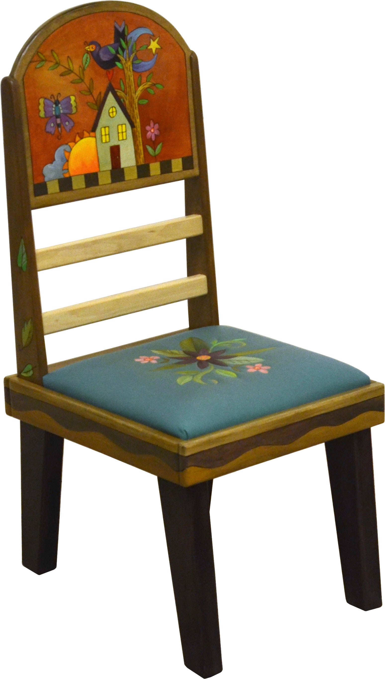 Sticks Side Chair with Leather Seat –  Gorgeous elegant chair with floral spray and a floating icon design on seat back