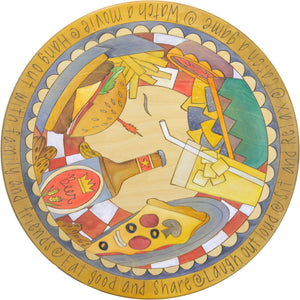 Sticks Handmade 20"D lazy susan with American summer food theme including burger, pizza, beer and fries