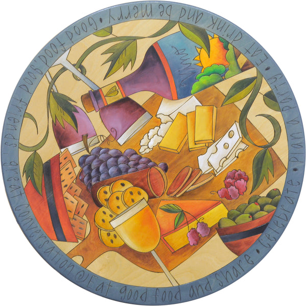 Sticks Handmade 20"D lazy susan with wine and cheese theme and charcuterie tray