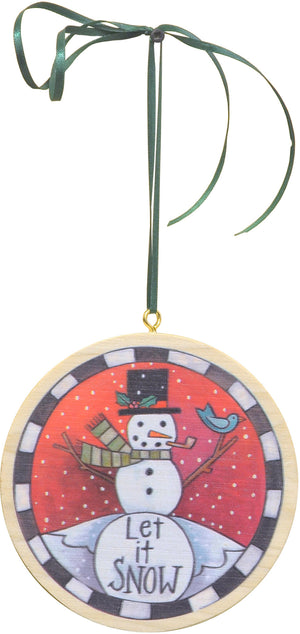 "Snowfriend" Ornament – ﻿"Let it Snow" friendly bird and snowman motif front view
