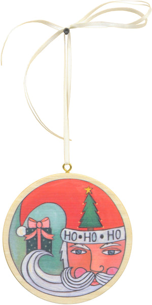 "Kris Kringle" Ornament – "Ho ho ho" Santa brings a gift on Christmas front view