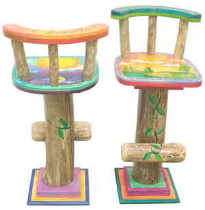 Whimsical and vibrant celestial sunny sky stool motifs, front and back view of 2 of 4 stools