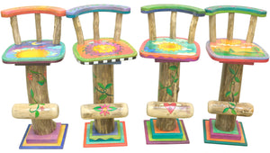 Whimsical and vibrant celestial sunny sky stool motifs, front view set of 4