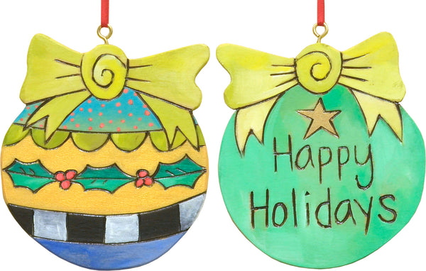 "Happy holidays" ball ornament with holly vine and patterns on reverse side