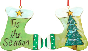 "Tis' the season" stocking ornament with a glitter snow covered tree