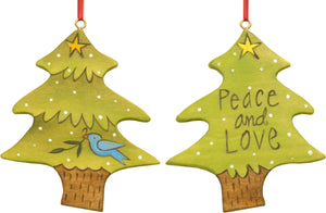 "Peace and love" tree ornament with white polka dots and a cute little bird