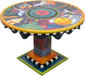 Adorable imagination themed kid's table with cute coordinating heart and star short stools, table side view
