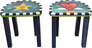 Adorable imagination themed kid's table with cute coordinating heart and star short stools, star and heart stools alone, side view