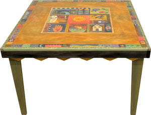 48" Square Dining Table – Patchwork themed dining table motif with large central block of art and coordinating banner along the outer edge main view