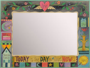 Rectangular Mirror –  "Today is the day" crazy quilt motif with a floral vine stretching across the top