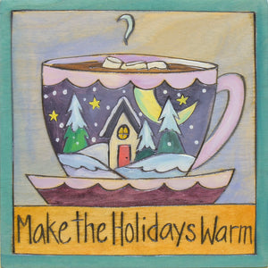 "Make the holidays warm" with a hot chocolate mug with a landscape motif