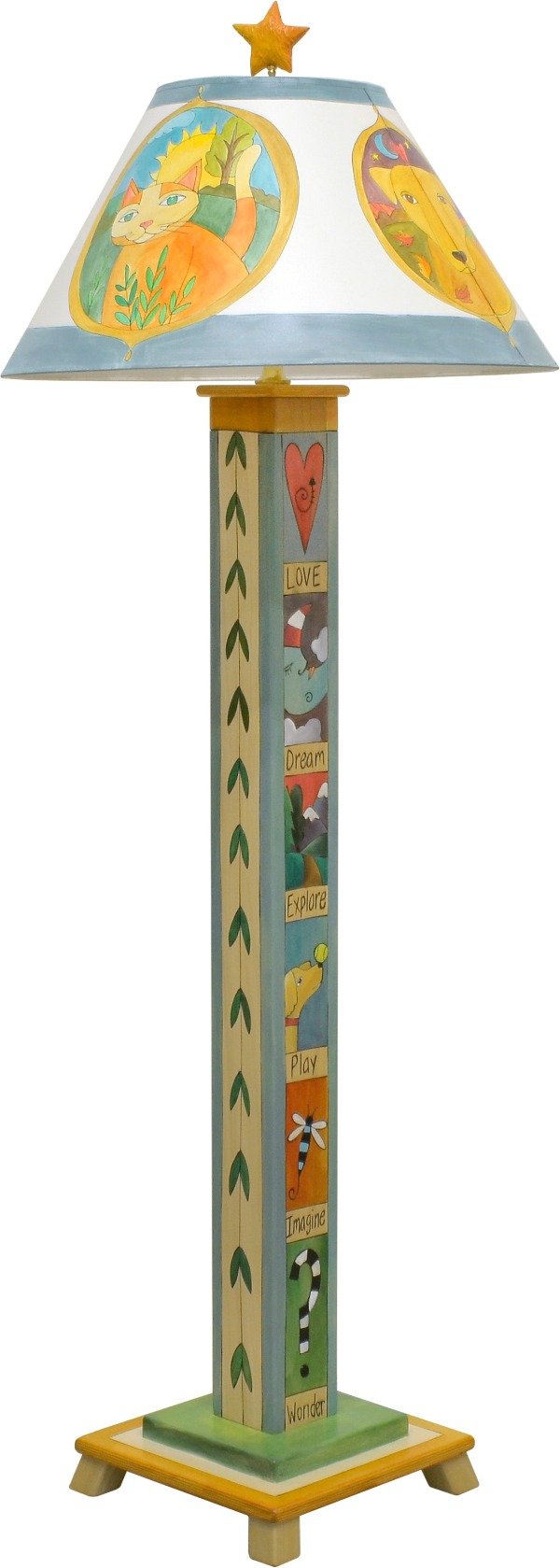 Seasonal critter medallions fill this lamp shade and the base features folky stacked boxed icons