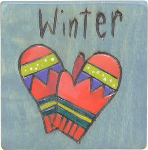 Set of seasonal scene and icon magnets to mark the changing seasons on your large Sticks calendar, winter mittens magnet
