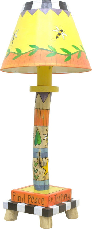 Log Candlestick Lamp –  Crazy quilt lamp base and coordinating shade done in a sunny color palette